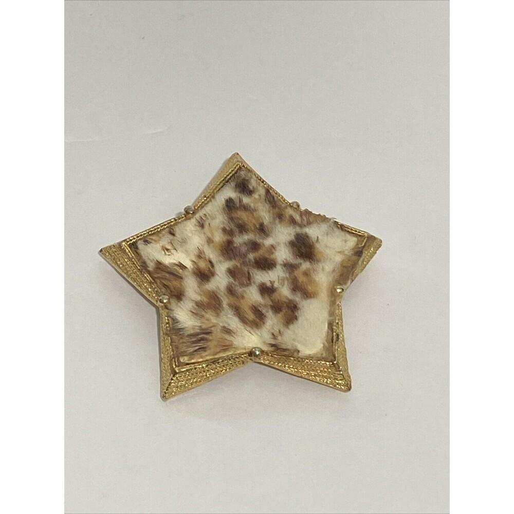 Broche Animal Faux Fur Leopard Pin BSK Signed Star VTG MCM 70’s